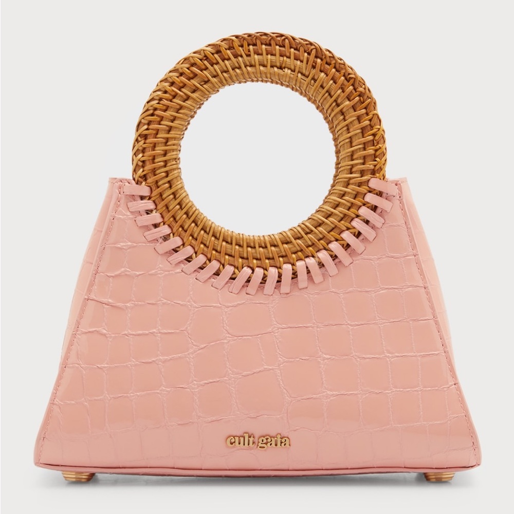 cult gaia Pink Croc-Embossed Mini Tote with Woven Handle